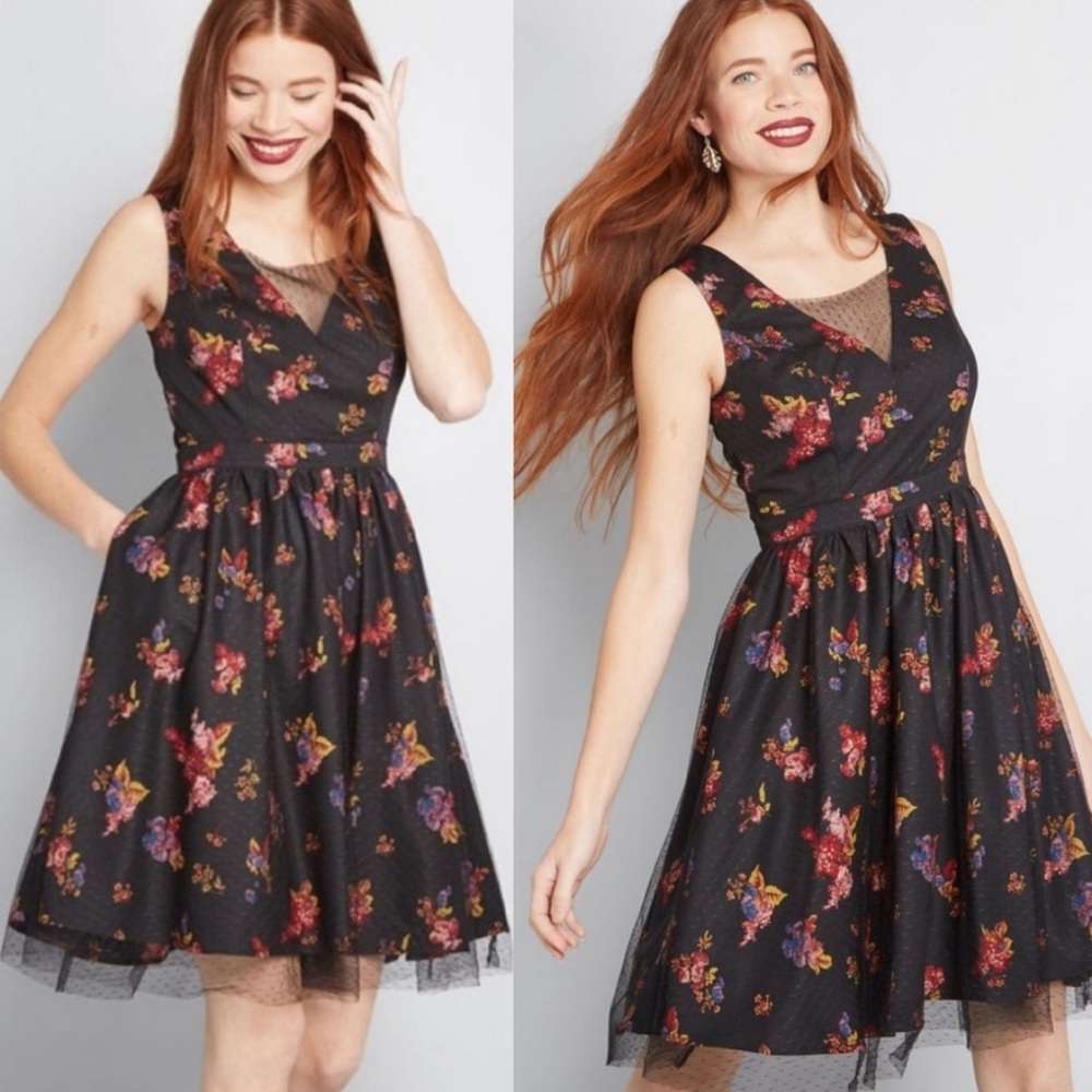 Modcloth Delightful Sight A-Line Swiss Dot Lace Overlay Black Floral Dress..